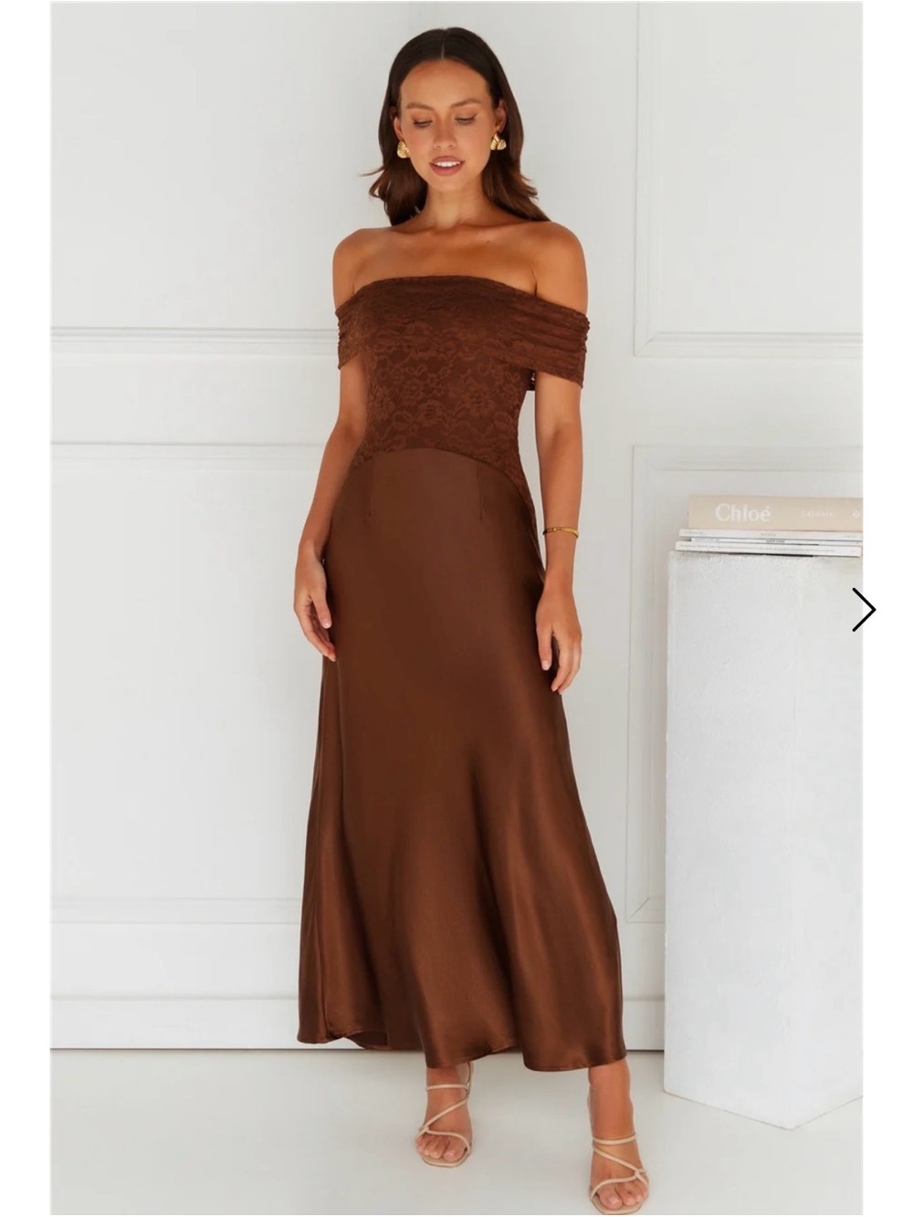 Hello Molly Off-Shoulder Brown Satin Maxi Dress